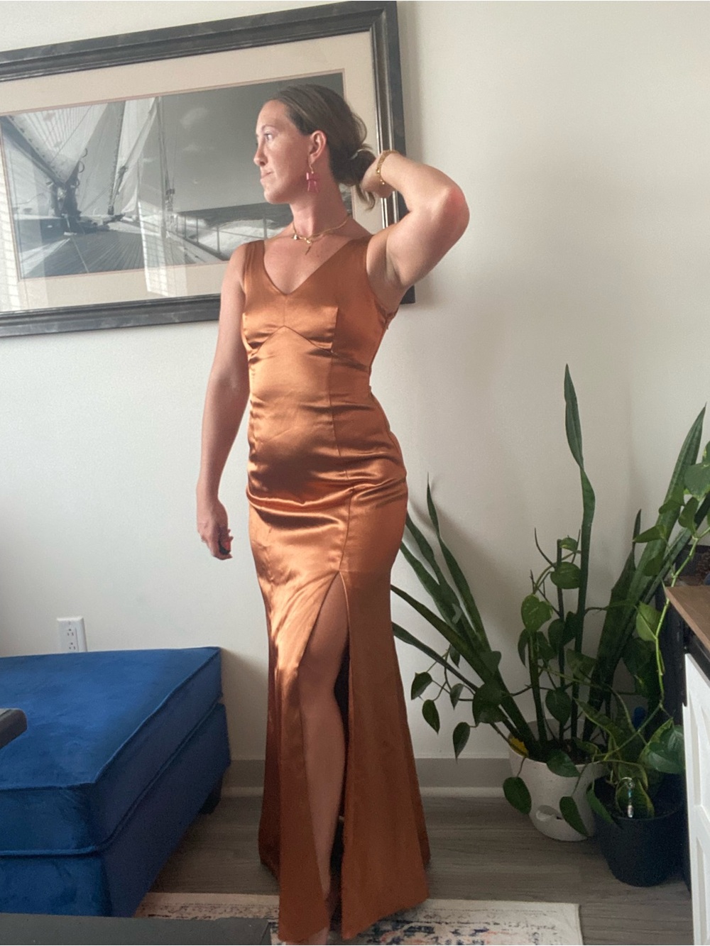 Birdy Grey Copper Satin Maxi Slip Dress with Thigh Slit